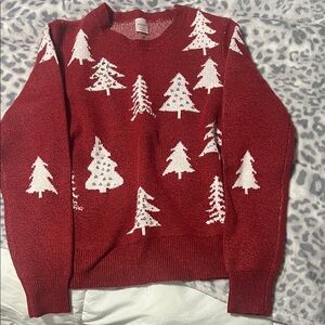 Holiday Time Festive Red Sweater with White Tree Patterns